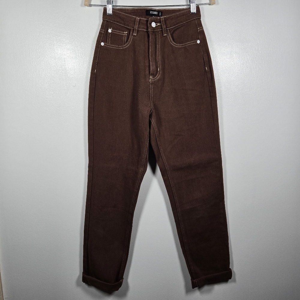 Missguided Brown High Rise Cuffed Denim Ankle Girlfriend Jeans Size 0